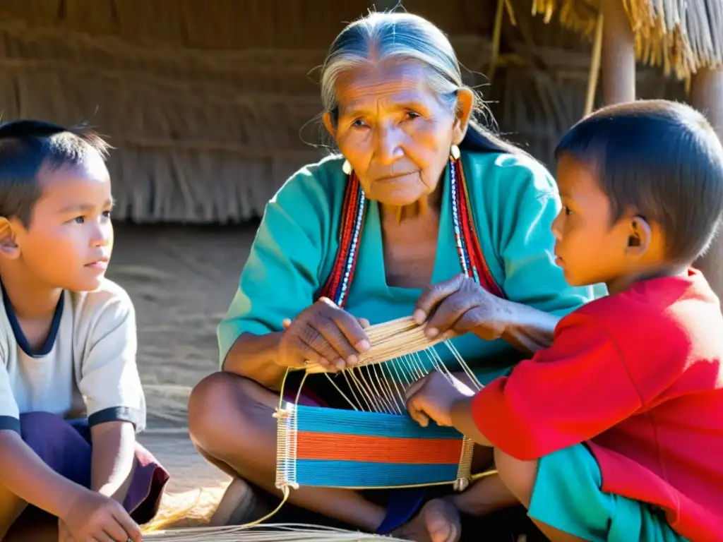 Una anciana tejedora Ayoreo comparte su sabiduría cultural con niños, en una escena iluminada por el cálido sol del Chaco