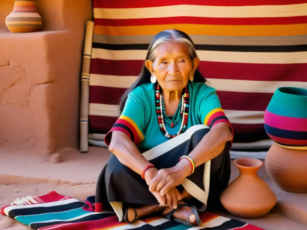 Una anciana tejedora Hopi muestra la supervivencia del idioma Hopi a través de su arte y sabiduría, en un entorno sereno y evocador al atardecer