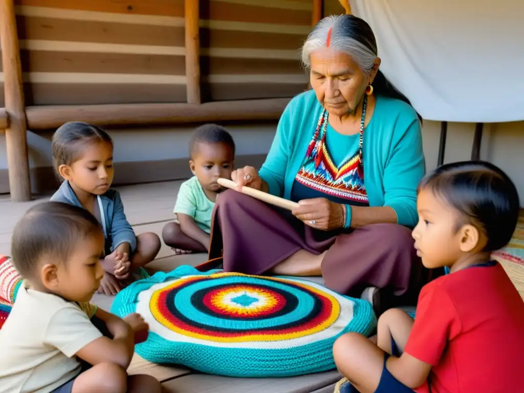 Una anciana tejedora nativa americana comparte su sabiduría con niños, preservación de la cultura nativa americana