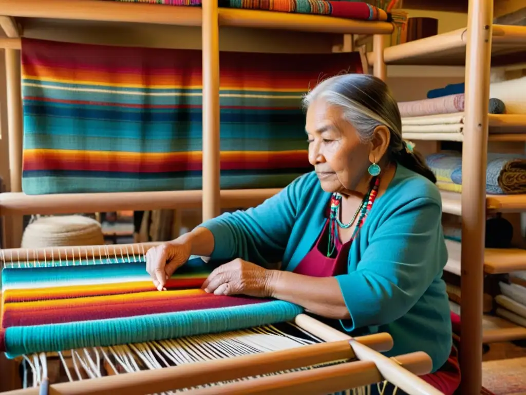 Una anciana tejedora nativa americana preserva la diversidad cultural al tejer un patrón vibrante en un telar tradicional