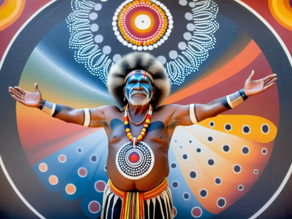 Un anciano aborigen en pintura corporal y atuendo ceremonial, canaliza la comunicación en tradiciones indígenas a través de danza y música ancestral