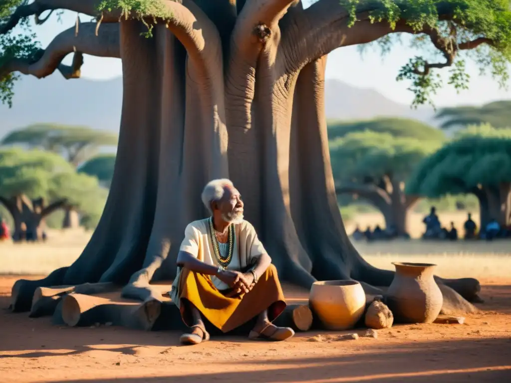 Un anciano griot africano cuenta historias bajo la sombra de un baobab, preservación de historias y leyendas africanas a través de la oralidad