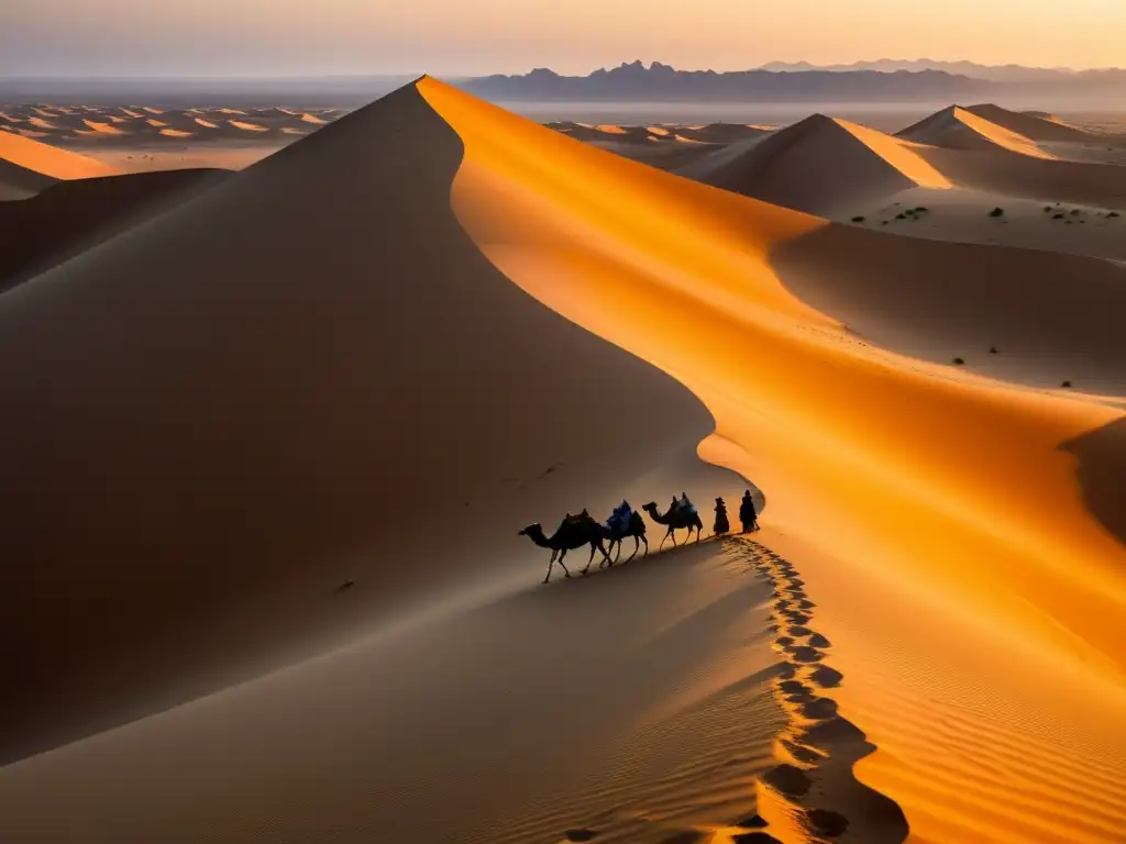 Un anciano beduino con su caravana de camellos atraviesa el desierto árabe al atardecer, mostrando la cultura beduina