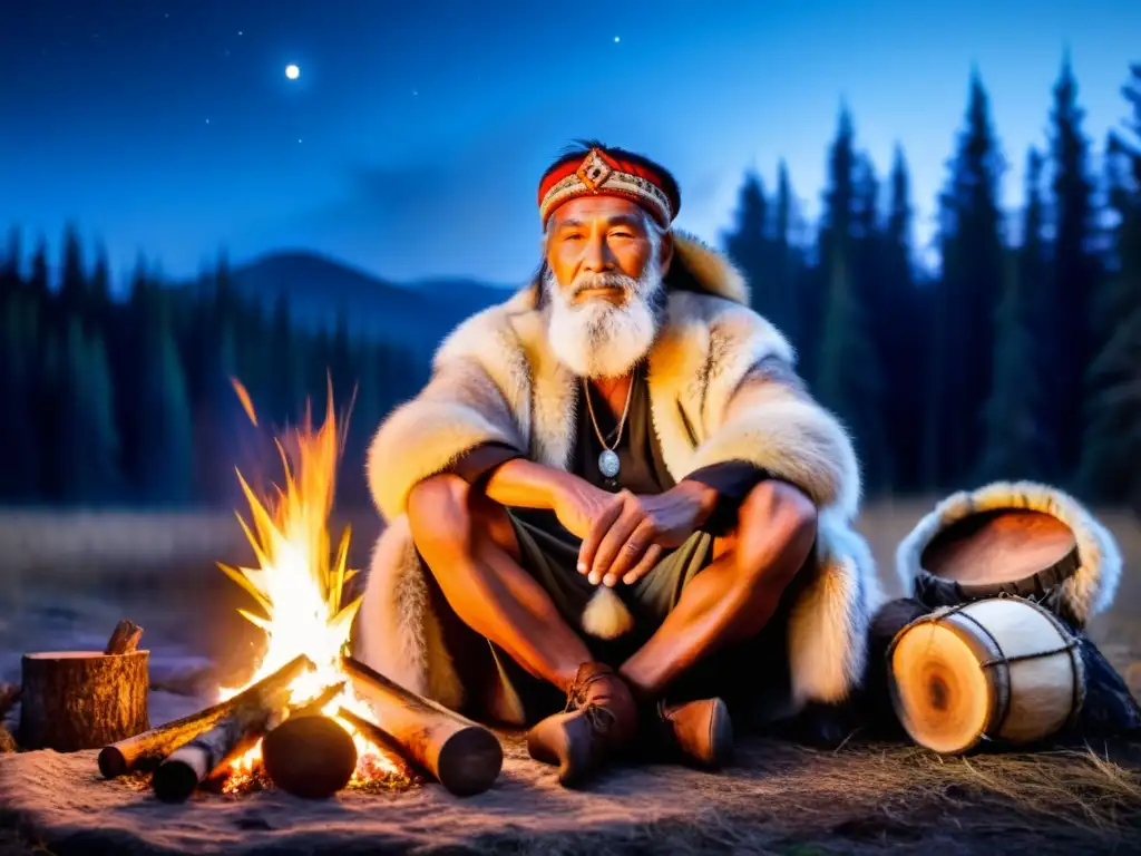 Un anciano chamán en un bosque siberiano, junto al fuego, evocando la sabiduría ancestral y contando leyendas bajo las estrellas