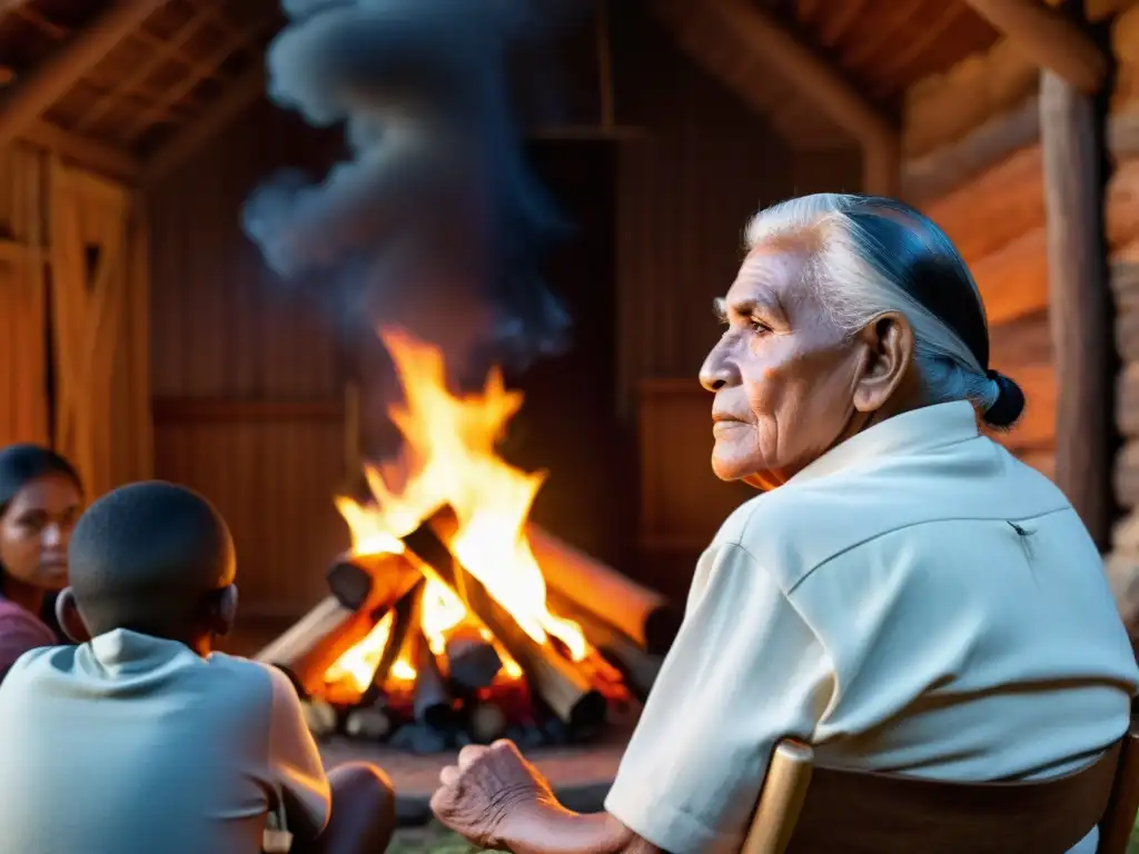 Un anciano Cherokee comparte historias junto al fuego, transmitiendo tradiciones culturales y la lengua Cherokee a jóvenes exploradores