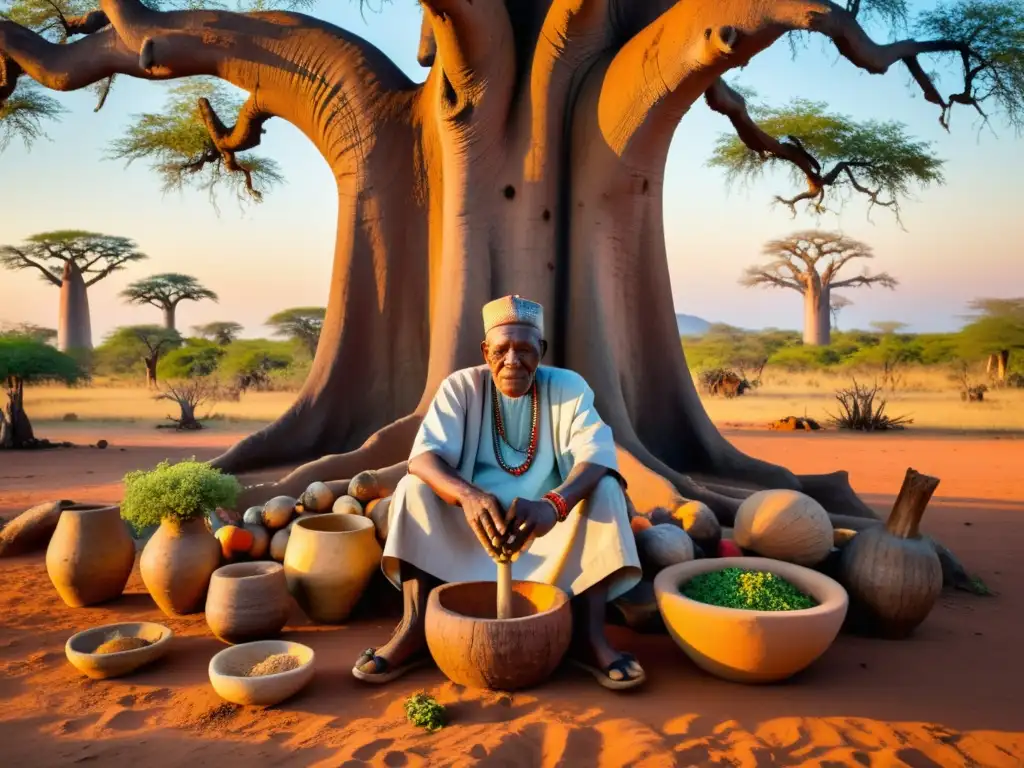 Un anciano curandero africano, mezclando hierbas bajo el baobab al atardecer, evocando el papel de los curanderos en África