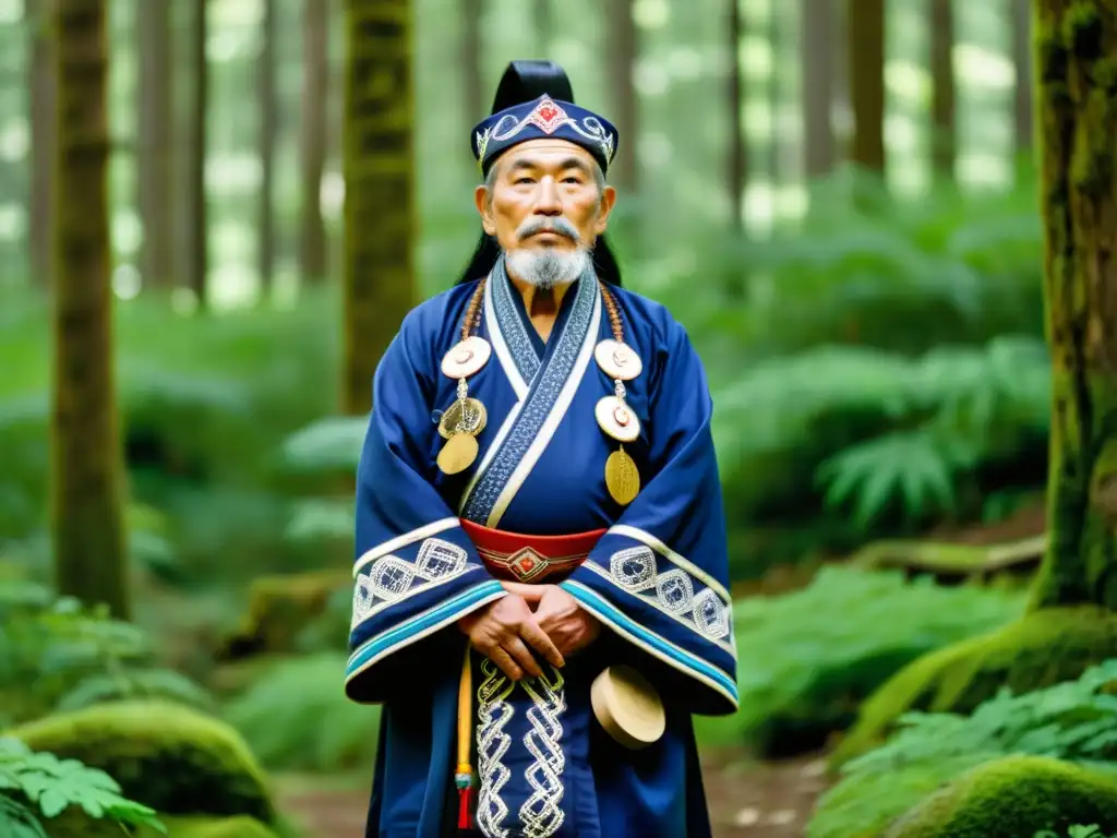 Un anciano Ainu realiza danza ceremonial en el bosque del norte de Japón, reflejando la riqueza cultural y el tesoro del idioma Ainu