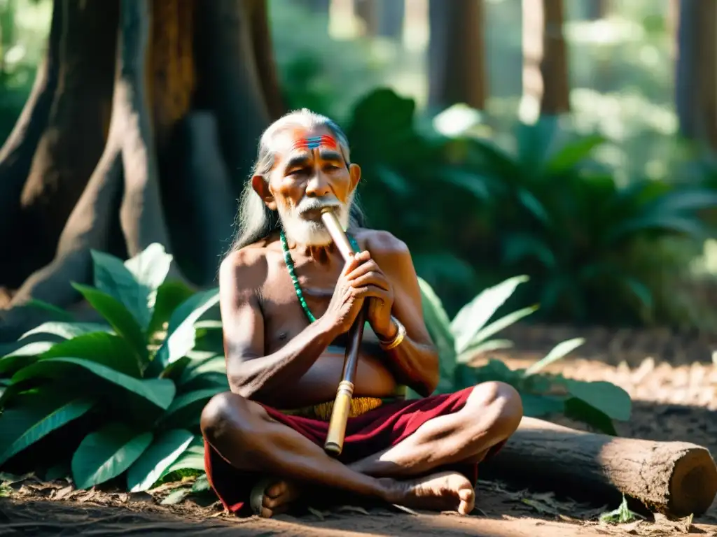 Un anciano músico indígena toca su flauta en la selva, transmitiendo sabiduría ancestral y conexión con la naturaleza