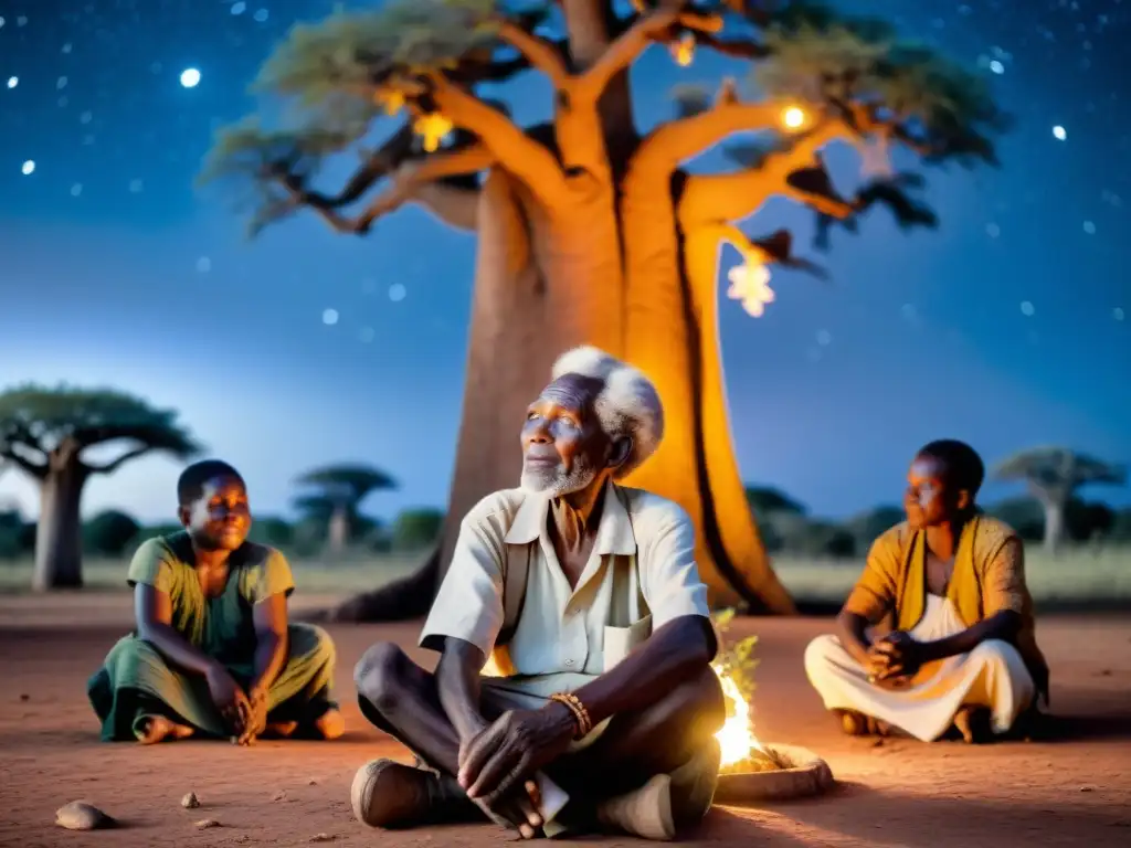 Un anciano griot cuenta historias bajo un baobab, cautivando a su audiencia en una noche estrellada