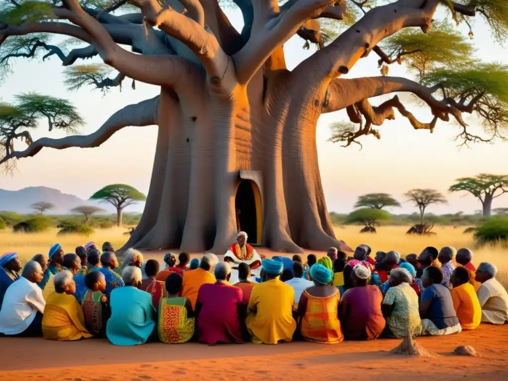 Un anciano griot, vestido con coloridos trajes tradicionales, cuenta cautivadoras historias bajo un baobab, rodeado de un público de todas las edades