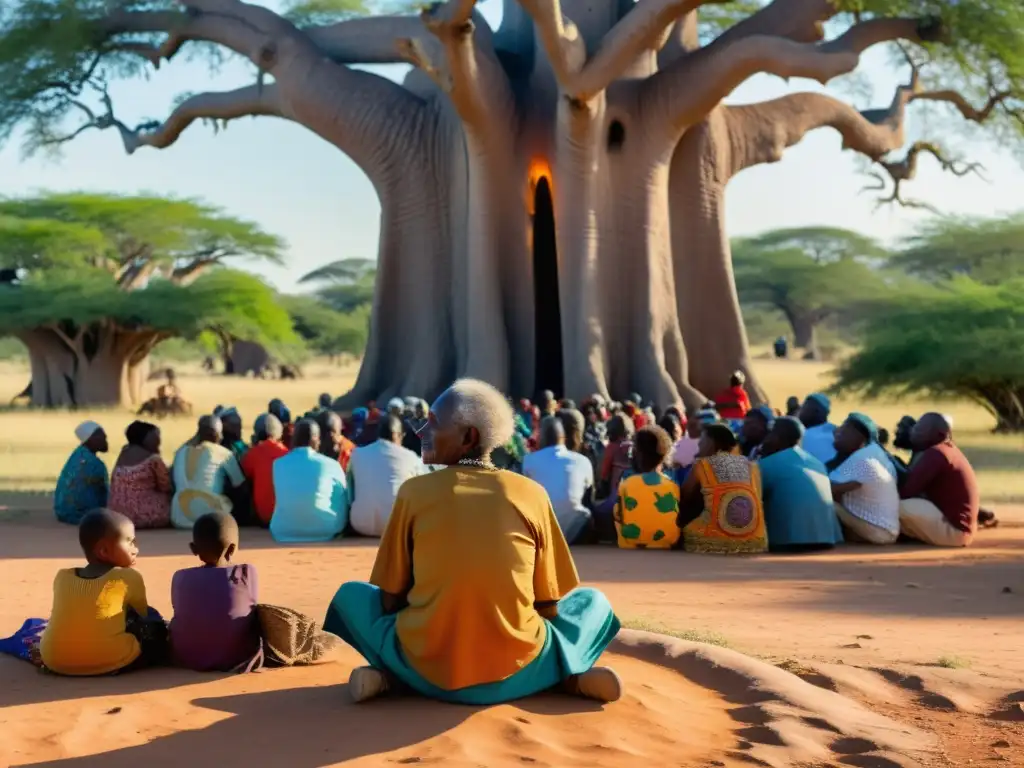 Un anciano griot narra una historia bajo un baobab, cautivando a su audiencia con gestos expresivos y entonación vibrante