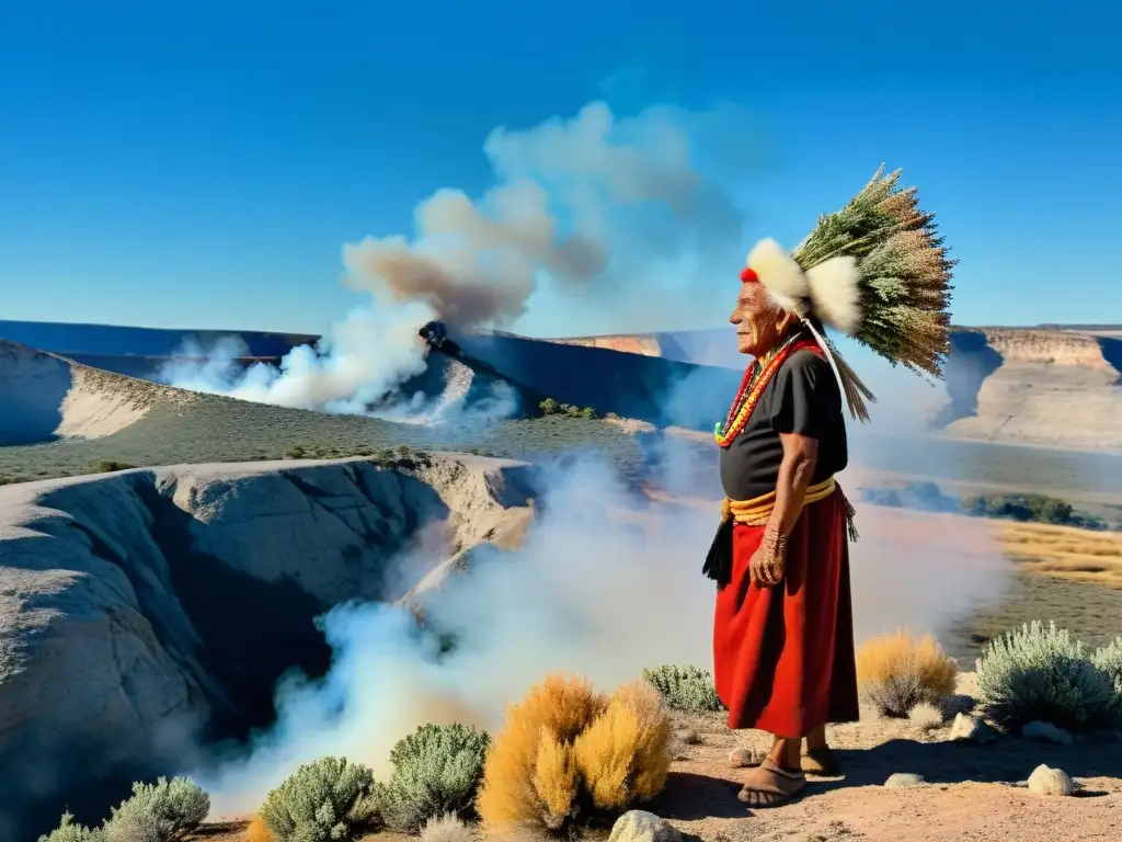 Un anciano indígena en un acantilado venteado sostiene un manojo de salvia, con paisaje natural al fondo