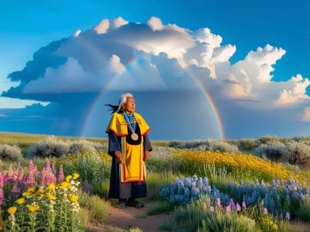 Un anciano indígena realiza una ceremonia en la pradera, rodeado de flores silvestres y bajo un cielo azul