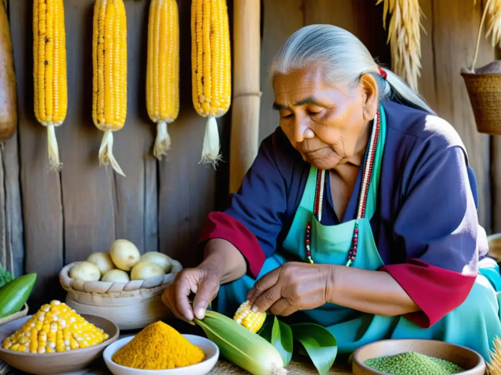 Un anciano indígena preparando recetas ancestrales patrimonio cultural con ingredientes coloridos y tradicionales