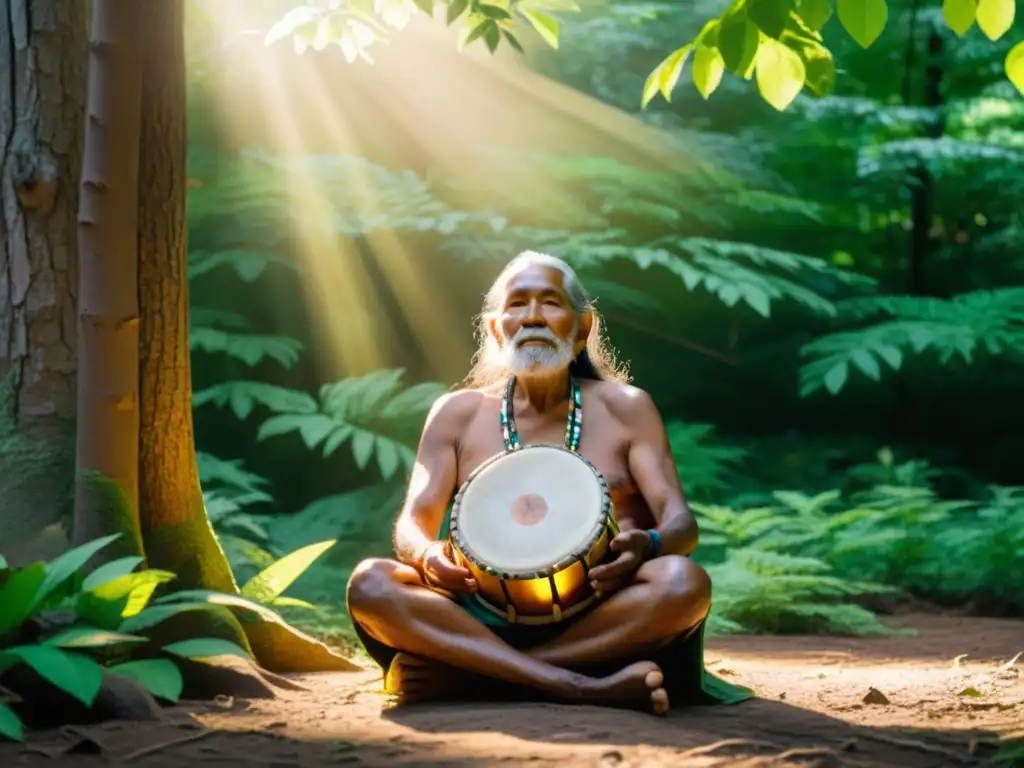 Un anciano indígena canta con reverencia en el bosque, sosteniendo un tambor tradicional