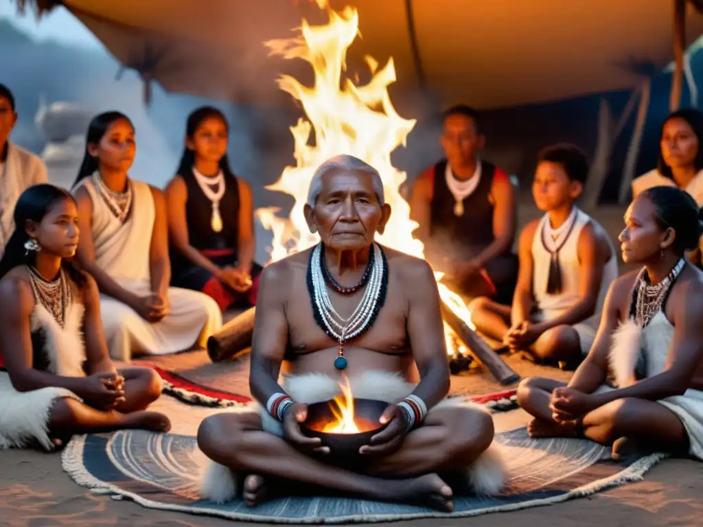 Un anciano indígena guía a jóvenes iniciados en rituales de iniciación en culturas indígenas, en torno al fuego sagrado