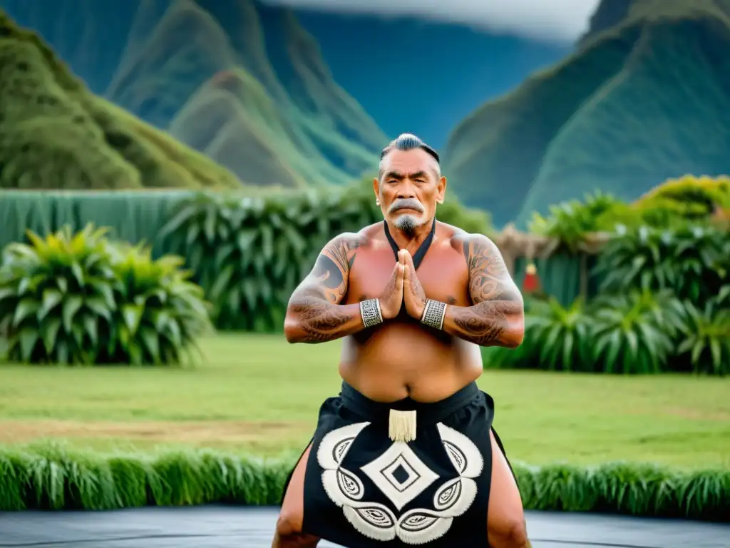 Un anciano maorí realiza una danza haka tradicional frente a un marae, rodeado de exuberante vegetación y montañas