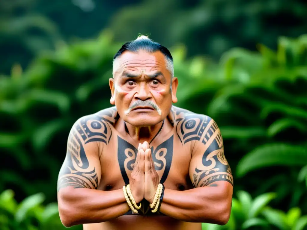 Un anciano maorí realiza un haka tradicional entre exuberante vegetación