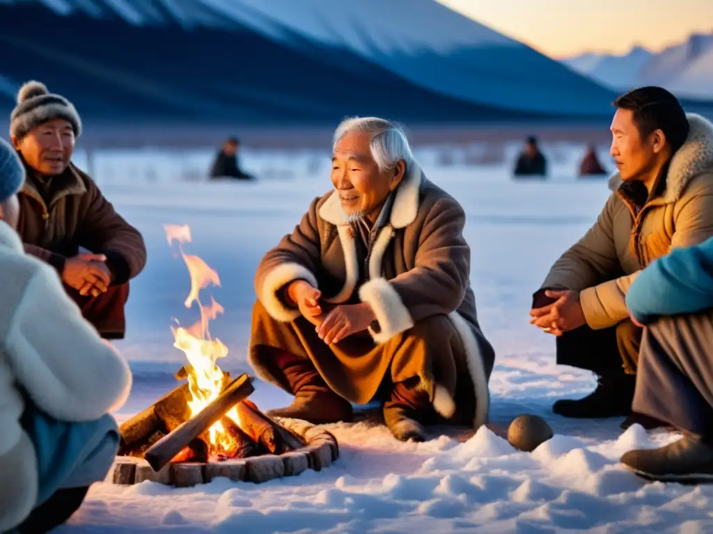 Un anciano narrador Chukchi cautiva a su audiencia con cuentos ancestrales junto al fuego en un paisaje nevado