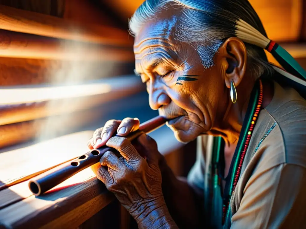 Un anciano nativo americano talla con maestría una flauta de madera, iluminado por una suave luz dorada