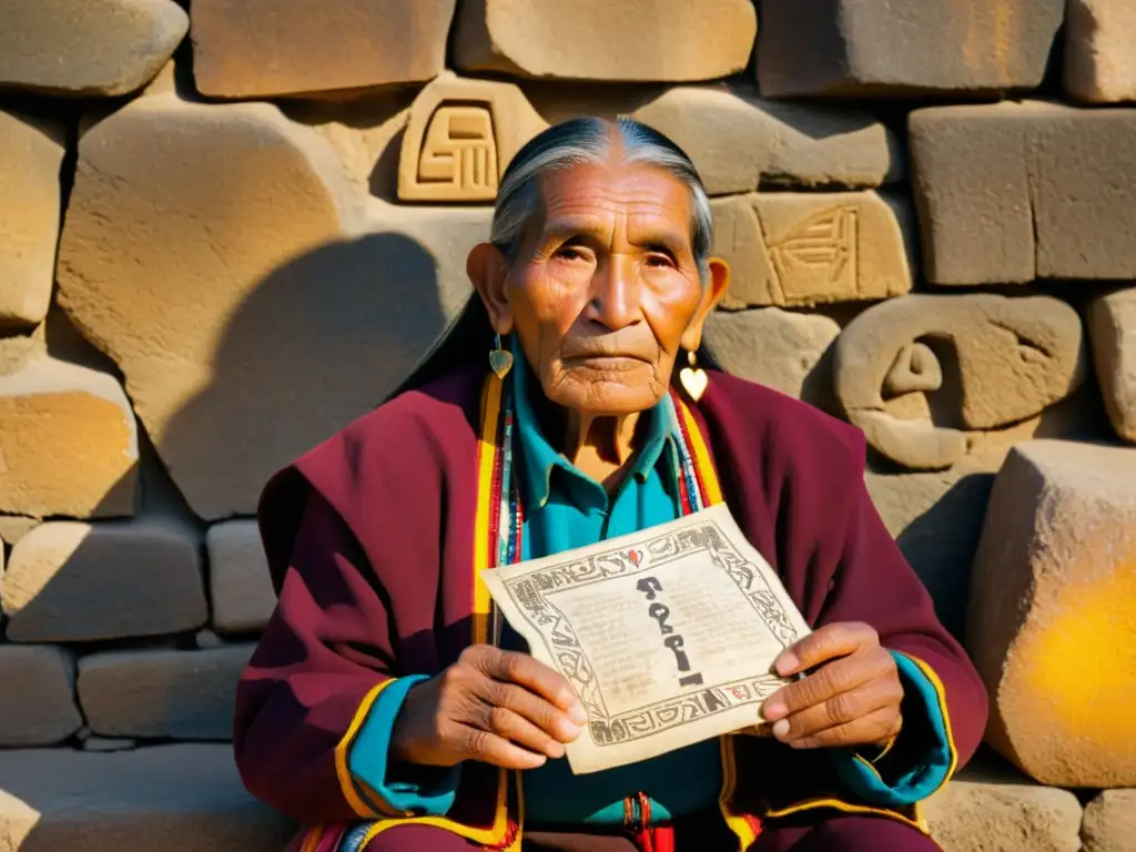 Un anciano Quechua con atuendo tradicional sostiene un pergamino con inscripciones, frente a un muro de piedra con símbolos incas