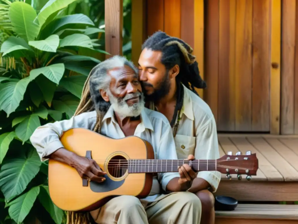 Un anciano rastafari con dreadlocks largos y una cara curtida, tocando la guitarra en su porche de madera mientras su hijo lo mira con admiración