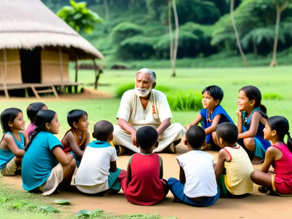 Un anciano comparte sabiduría con niños indígenas bajo la sombra de la naturaleza