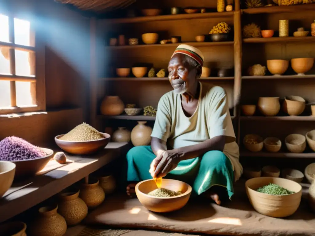 Un anciano sanador africano mezcla hierbas en una choza iluminada por el sol