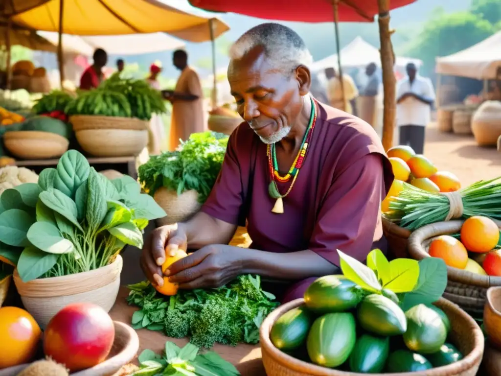 Un anciano sanador en atuendo africano selecciona hierbas y plantas en un bullicioso mercado, rodeado de frutas, vegetales y remedios naturales