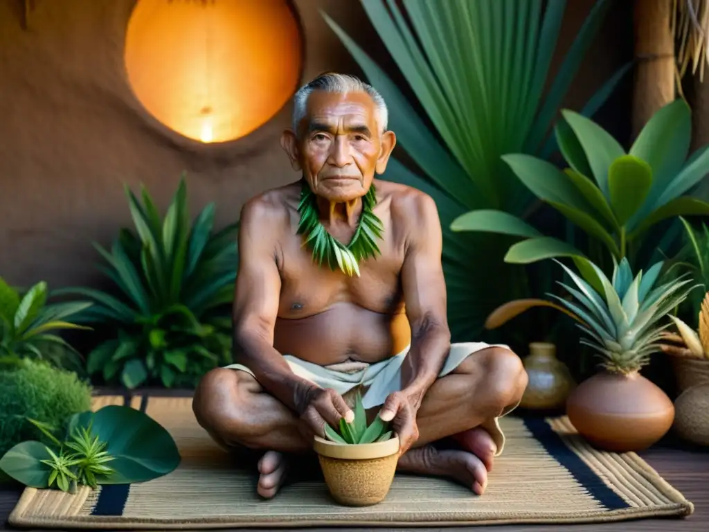 Un anciano sanador polinesio prepara medicina tradicional rodeado de hierbas y plantas