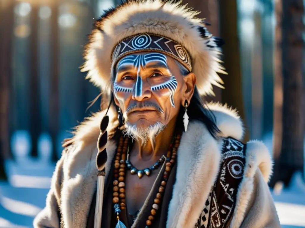 Un anciano chamán siberiano en un bosque nevado, conectando con la energía espiritual ancestral del chamanismo siberiano