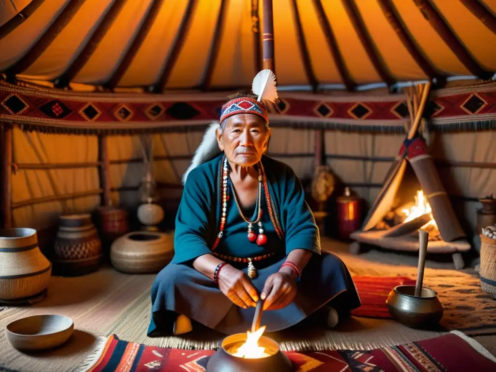 Un anciano chamán siberiano preserva rituales indígenas en su yurta iluminada por el fuego