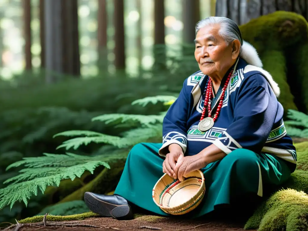 Un anciano Tlingit en el bosque, con cesto de bayas y joyas de plata, comparte sabiduría con jóvenes en su idioma