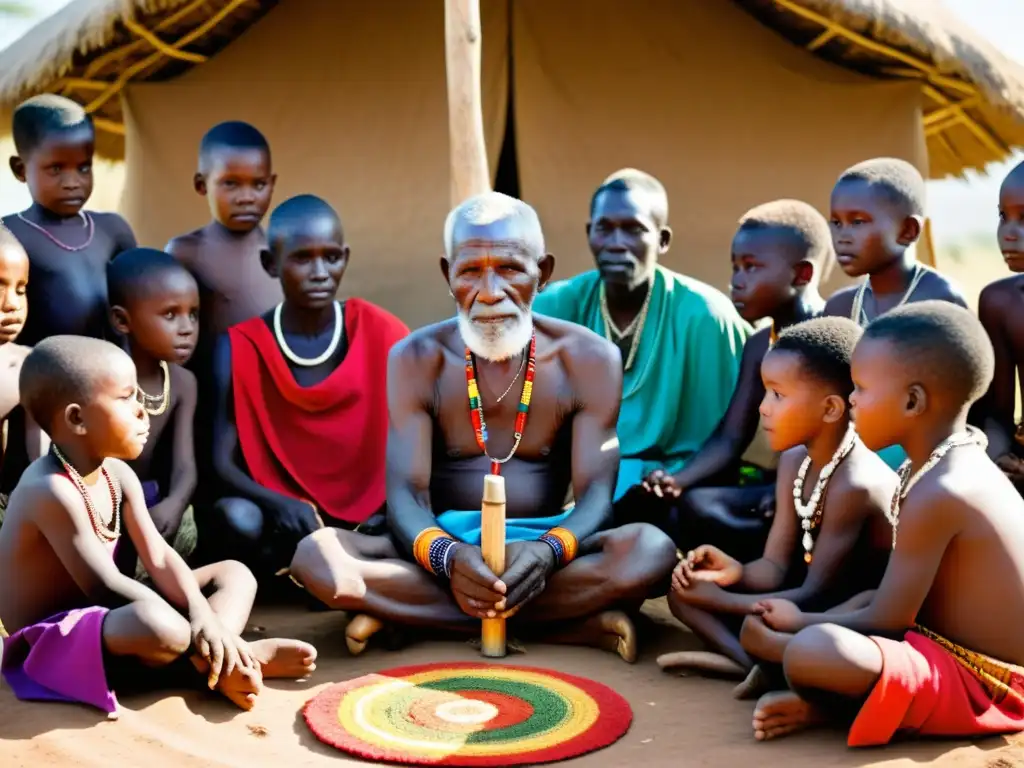 Un anciano tribal realiza ceremonia de circuncisión en África, rodeado de niños en un claro soleado