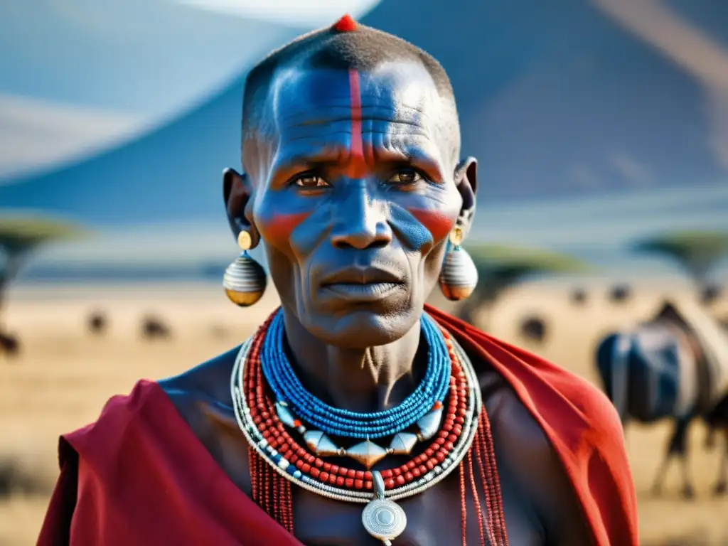 Un anciano tribal Maasai con atuendo tradicional, en la sabana africana