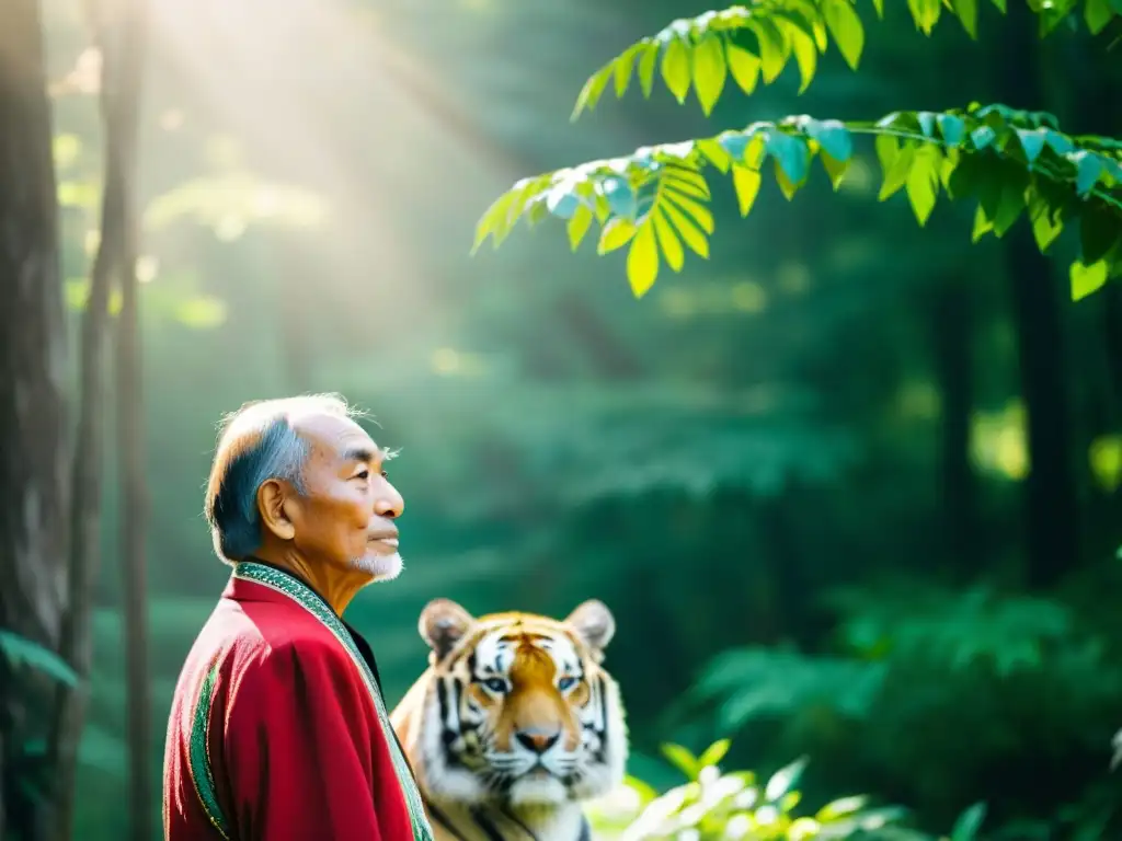 Un anciano Udege, vestido con atuendo tradicional, contempla en reverencia a un majestuoso tigre siberiano en un frondoso bosque