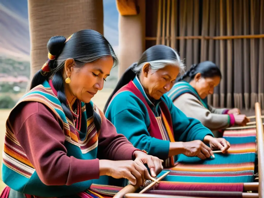 Andinos expertos tejiendo telares, reflejando la tradición y la moda contemporánea en los Andes