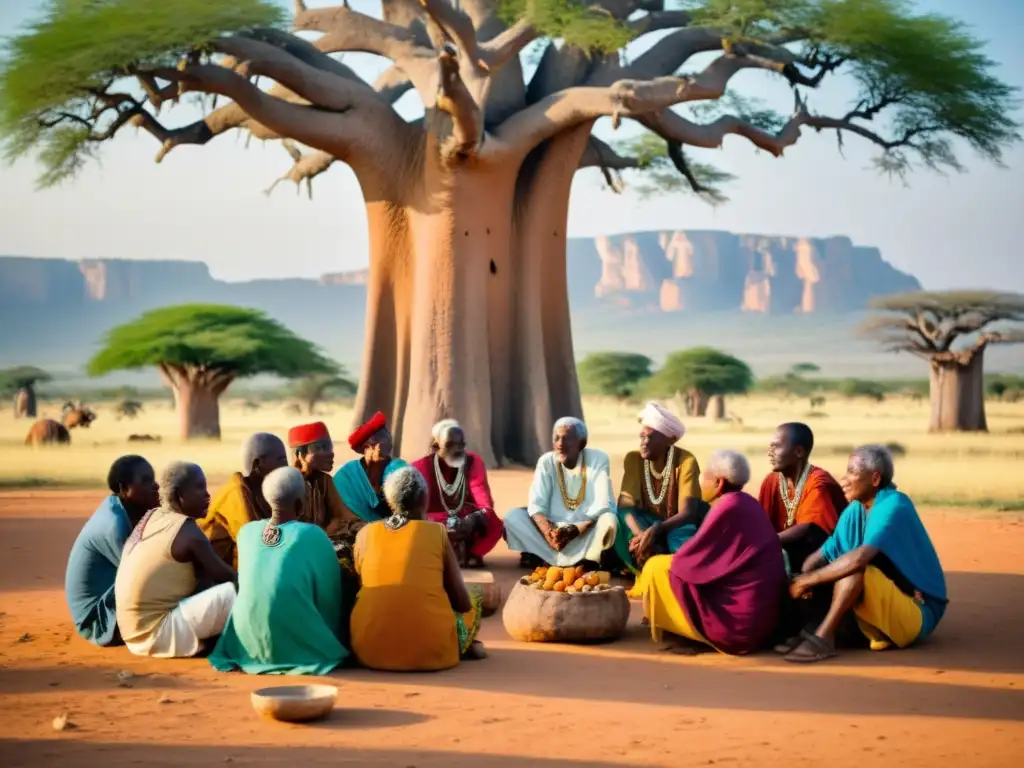 Conversación animada entre ancianos bajo un baobab en África Francófona