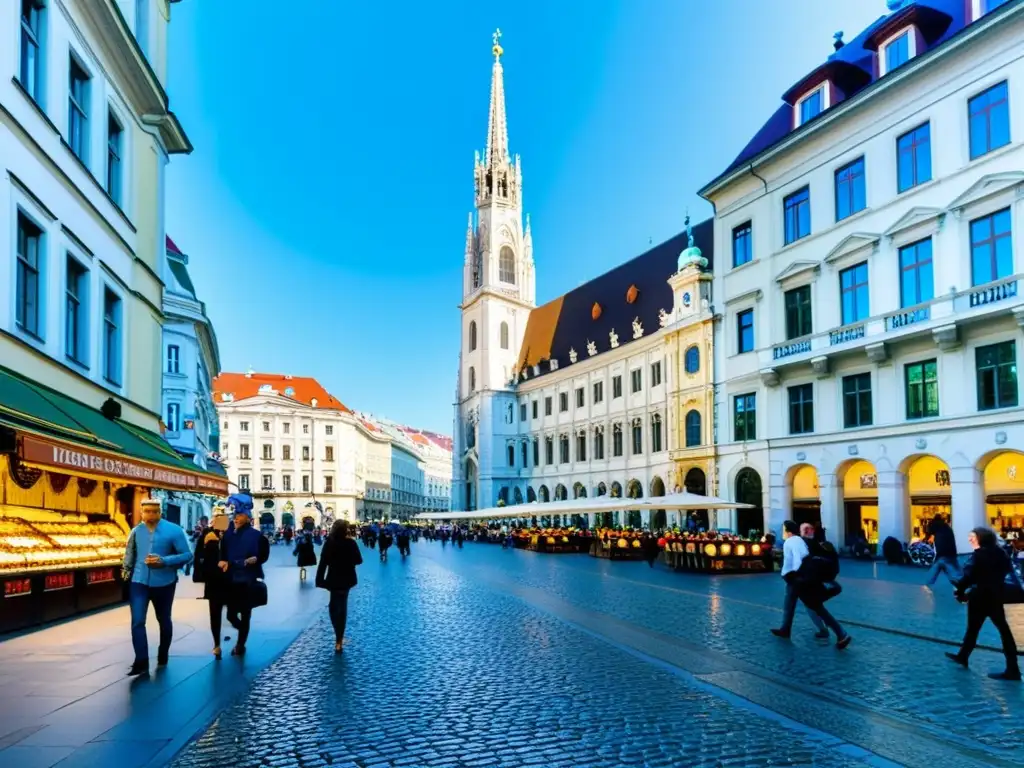 Una animada calle empedrada en Viena, Austria, llena de actividad y música clásica europea ciudades