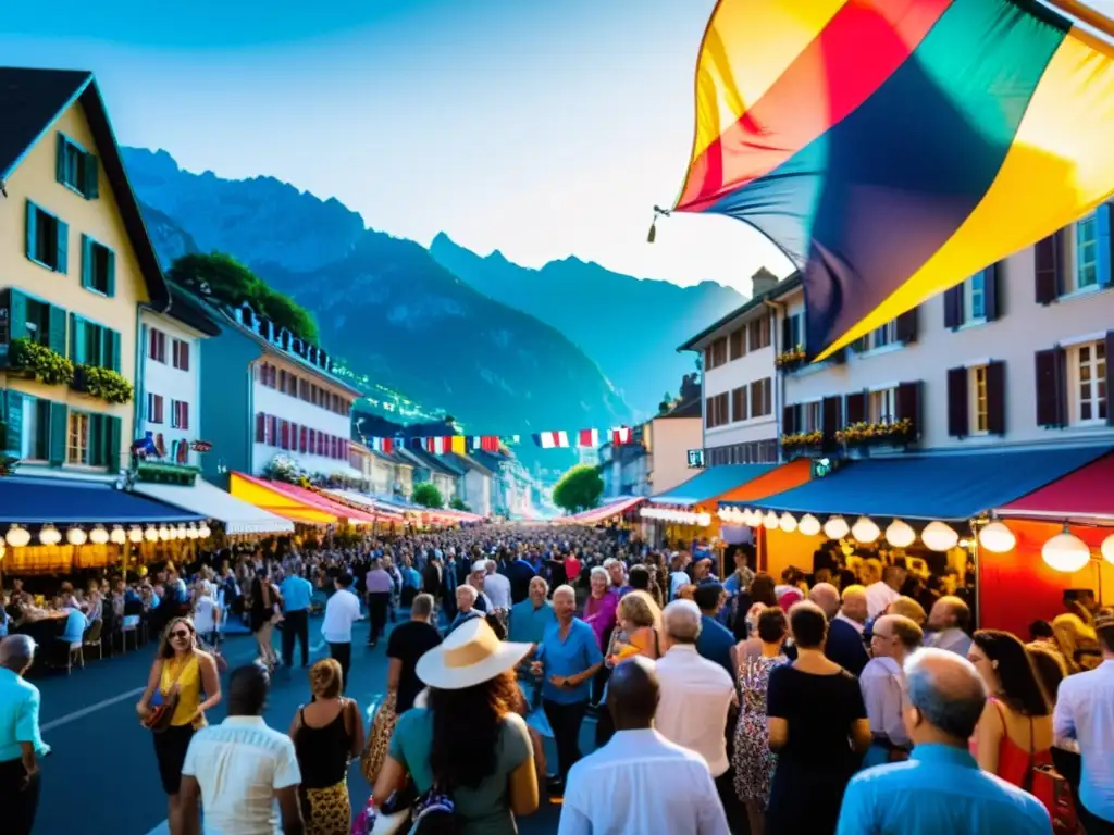 Animada calle del Festival de Jazz Montreux multicultural, con gente disfrutando de la música, comida y festividades bajo el cálido atardecer