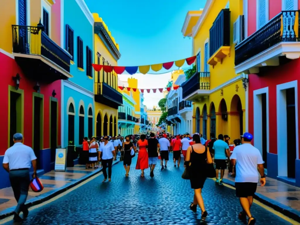 Animada calle de San Juan durante las Fiestas de la Calle San Sebastián en Puerto Rico, con multitudes vibrantes y coloridas celebraciones