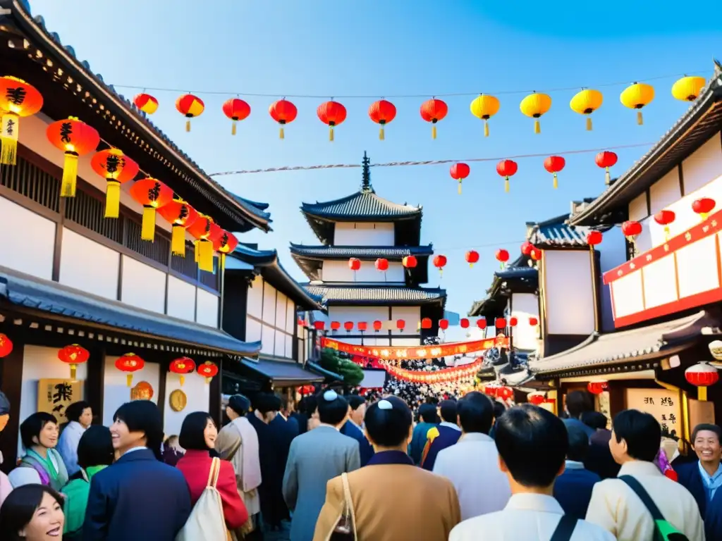 Una animada calle de Himeji durante el Festival Nada no Kenka Matsuri, con gente vistiendo happi y disfrutando de las festividades tradicionales