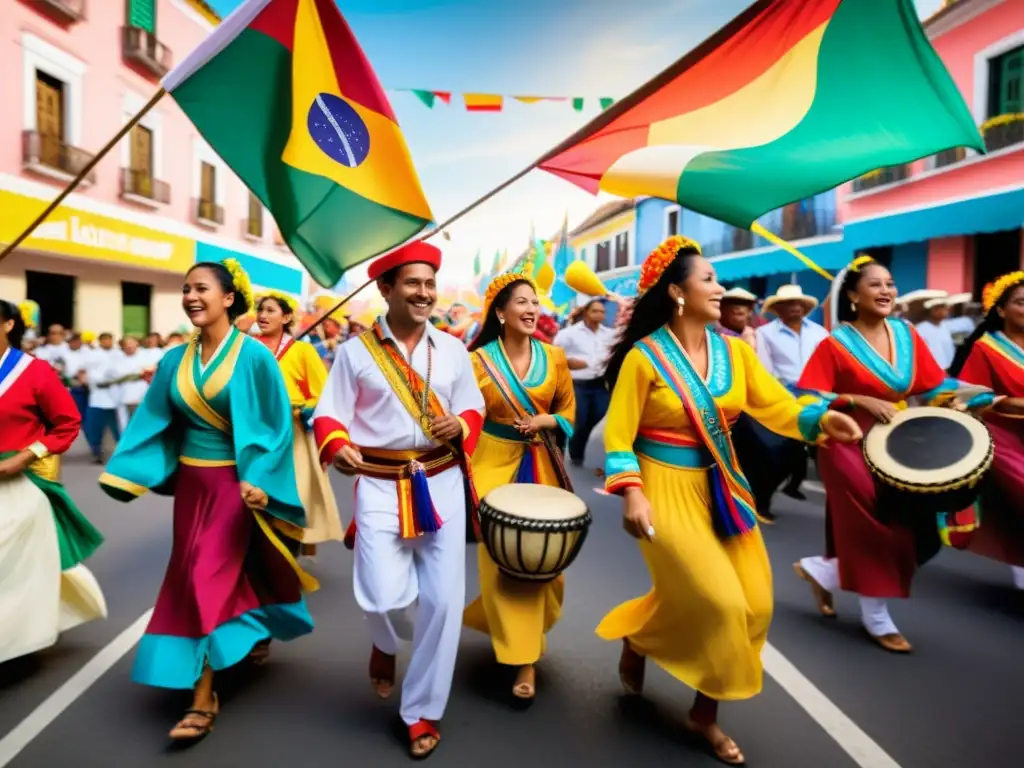 Una animada procesión callejera en Latinoamérica, con gente vestida con trajes tradicionales, bailando al ritmo de tambores y maracas