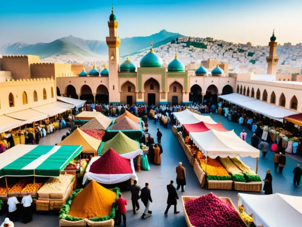 Una animada celebración Eid alFitr en Argelia, con un bullicioso mercado lleno de colores, aromas y gente compartiendo la alegría