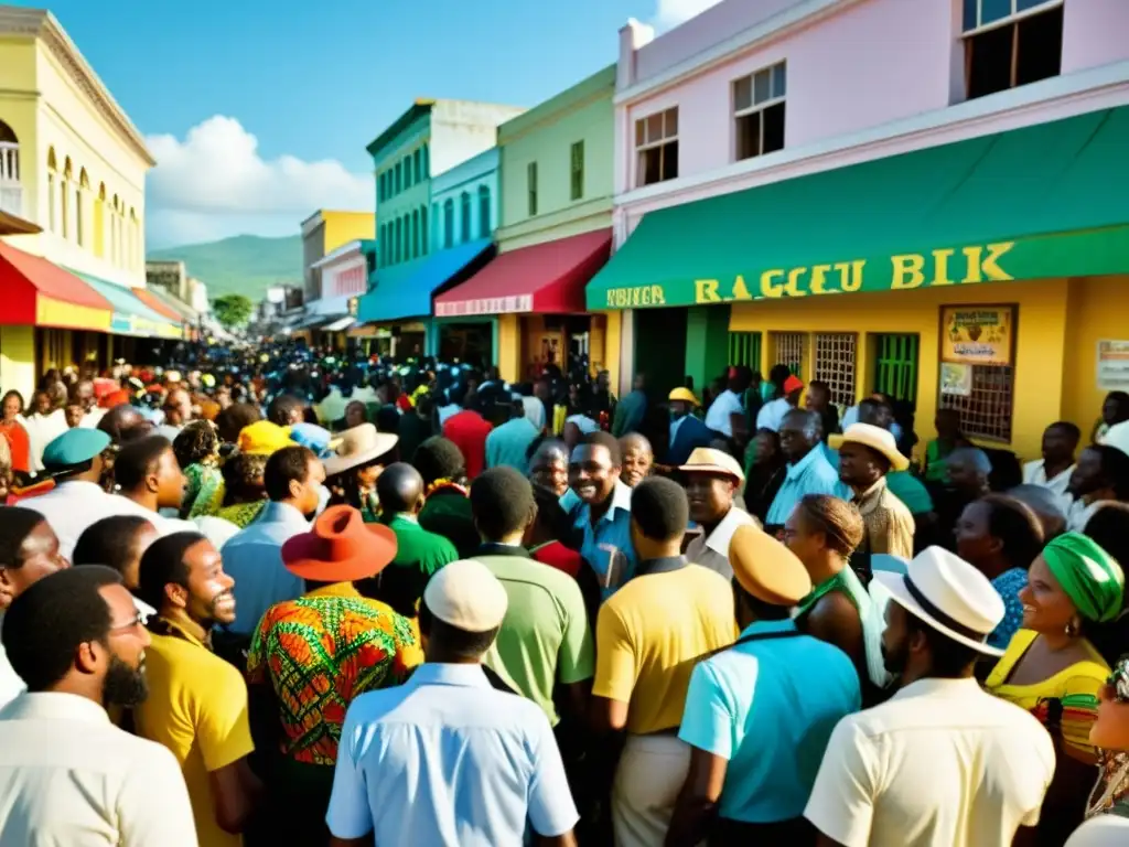 Una animada escena callejera en Kingston, Jamaica durante los años 70, que refleja la historia del reggae en Jamaica con energía y colorido