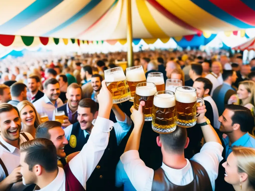 Una animada escena de un festival de cerveza en Alemania, con personas vestidas con trajes tradicionales bávaros, brindando con jarras de cerveza espumosa, rodeadas de coloridas carpas y atracciones de feria