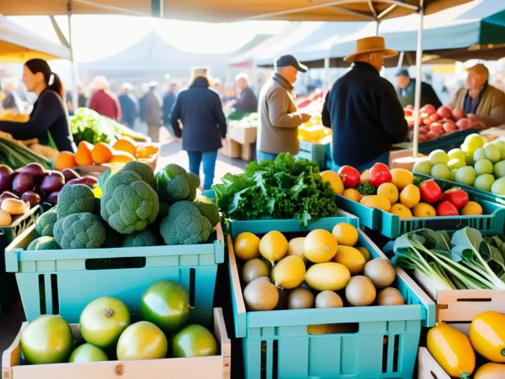 Una animada feria de agricultores con frutas y verduras frescas y vibrantes en cestas y cajas