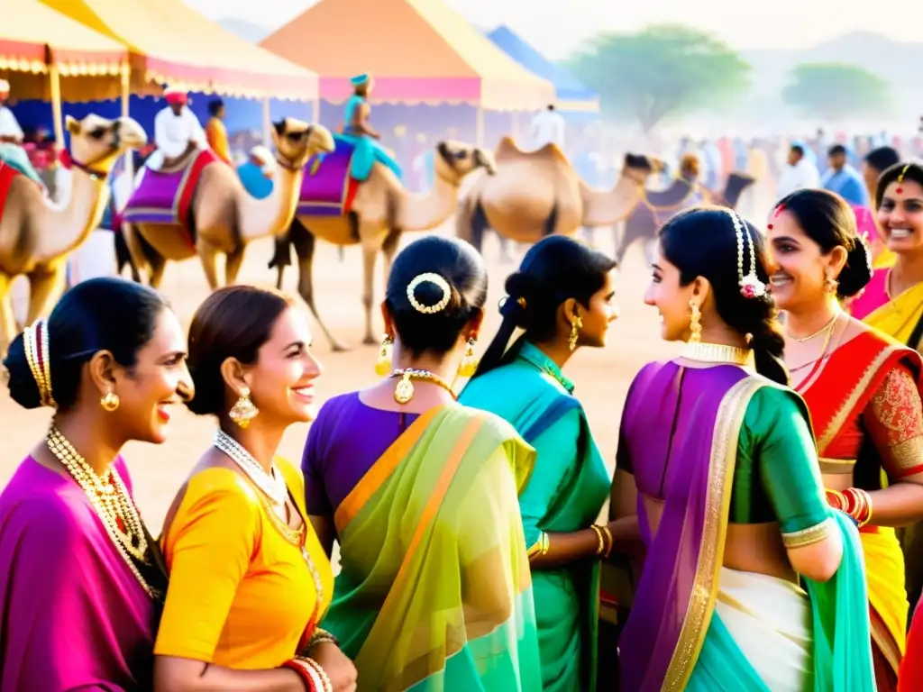 Animada feria en Pushkar con mujeres vestidas con trajes tradicionales Rajasthani y camellos decorados