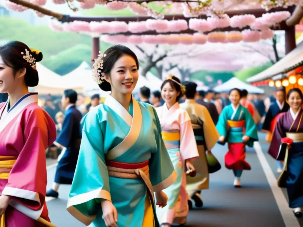 Un animado y bullicioso Matsuri festivo shinto impacta con colores, música y gente bajo los cerezos en flor, una experiencia cultural dinámica