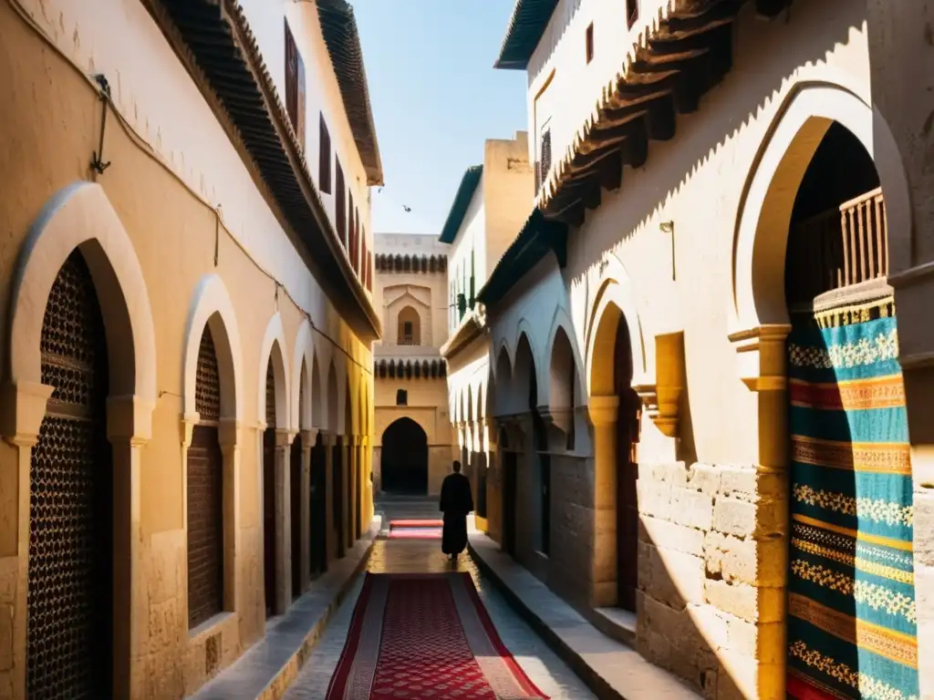 Un animado callejón de la antigua medina de Fez, Marruecos, rebosante de artesanía y coloridas alfombras